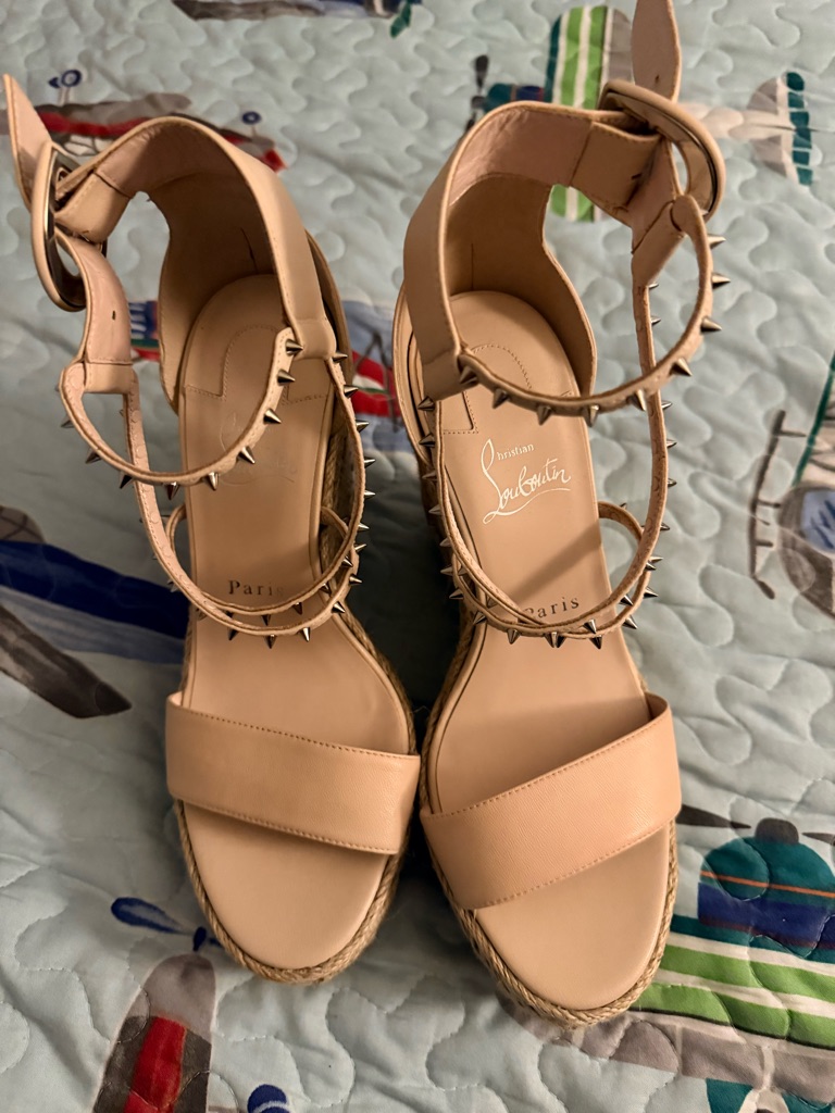 Christian Louboutin Beige Studded Espadrille Wedge Sandals